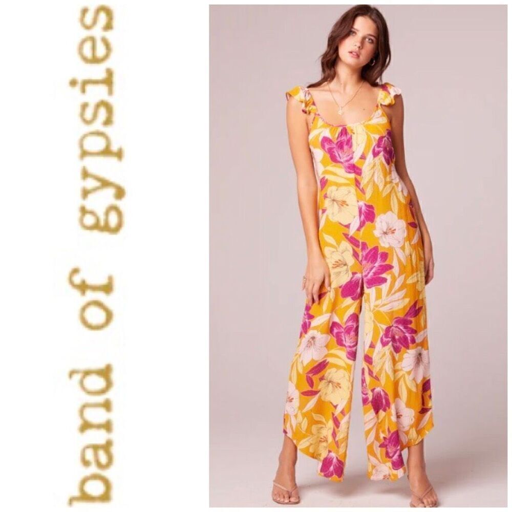 BAND OF GYPSIES COLLECTIVE - NWT  “Euphoria” Gold Floral Wide-Leg Jumpsuit. Sz M